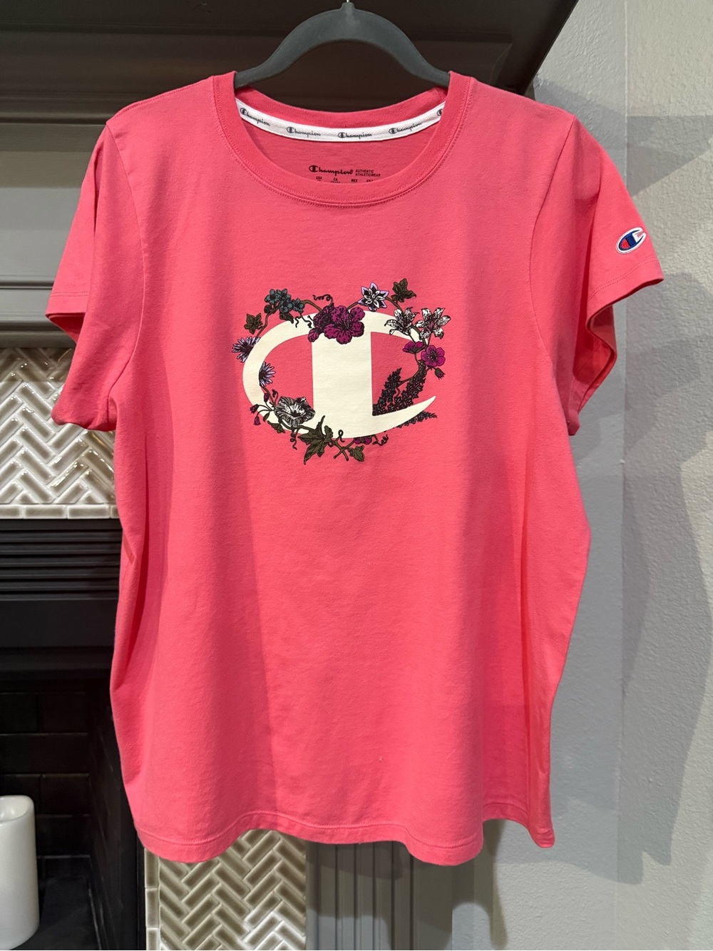 Champion Coral Pink Floral Logo Short Sleeve Tee